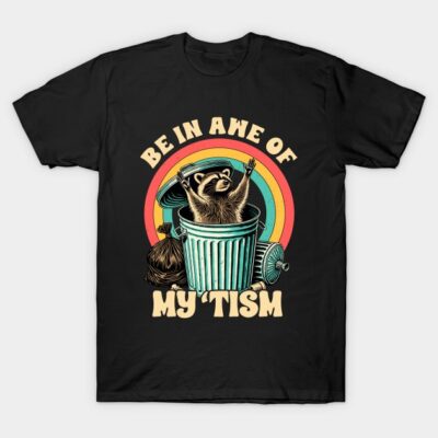 Black T-shirt with colorful raccoon and text graphic. Casual style, unisex fit, soft cotton material.
