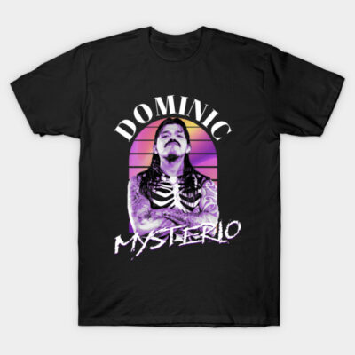 Black graphic t-shirt with colorful retro design, featuring bold text and illustrated figure. Cotton material, casual style.