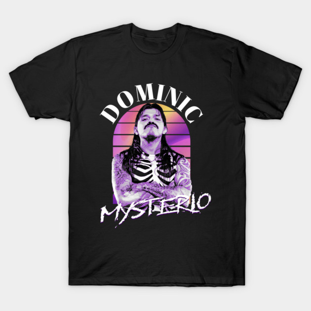 Black graphic t-shirt with colorful retro design, featuring bold text and illustrated figure. Cotton material, casual style.