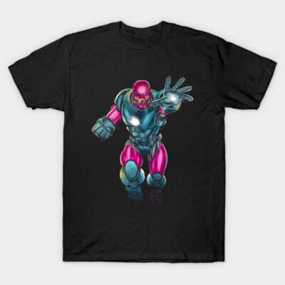 Black t-shirt featuring a colorful futuristic robot design, ideal for casual wear and sci-fi enthusiasts.