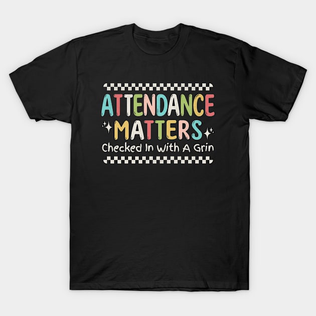 Black "Attendance Matters" graphic T-shirt with colorful text design, casual cotton wear for everyday use.