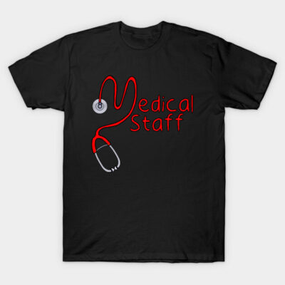 Black t-shirt with red stethoscope graphic and "Medical Staff" text, ideal for healthcare professionals.