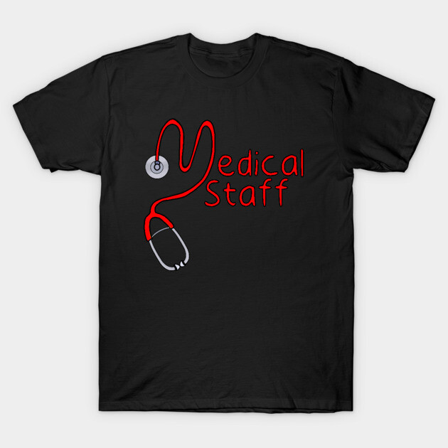 Black t-shirt with red stethoscope graphic and "Medical Staff" text, ideal for healthcare professionals.