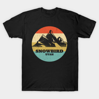 Black t-shirt with retro Snowbird Utah graphic, featuring mountains in a circular design with vintage colors.