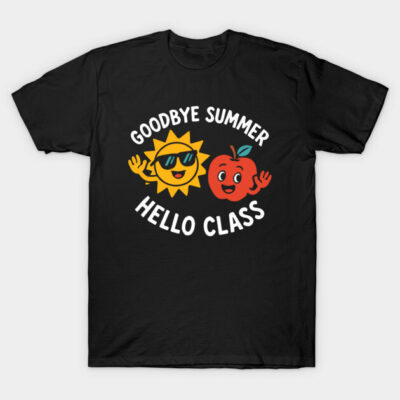 Black "Goodbye Summer Hello Class" T-shirt with sun and apple graphic, perfect for back-to-school season.