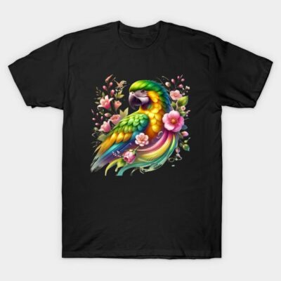 Black T-shirt with vibrant parrot and floral design, colorful casual wear, cotton material, unisex style.
