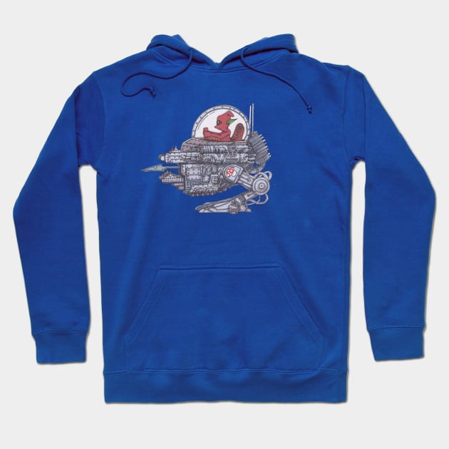 Blue cotton hoodie with a space-themed graphic print, featuring adjustable drawstrings and a front pouch pocket.