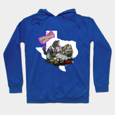 Blue hoodie with Texas-themed cartoon print, featuring unique characters, cozy style, suitable for casual wear.