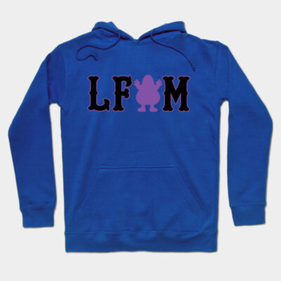 Blue hoodie with "LFM" text and silhouette design, featuring a front pocket and drawstring hood, perfect for casual wear.