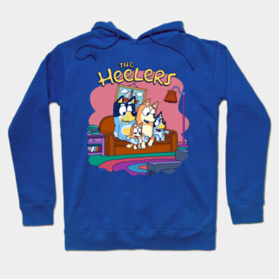 Blue hoodie with colorful cartoon family print, cozy casual wear, soft cotton blend material, perfect for everyday comfort.