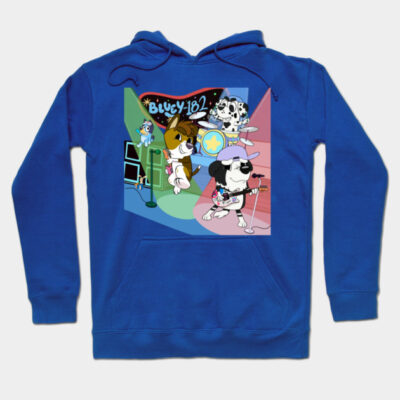Blue hoodie with cartoon band print, featuring colorful animated characters. Ideal for casual wear and fans of playful designs.