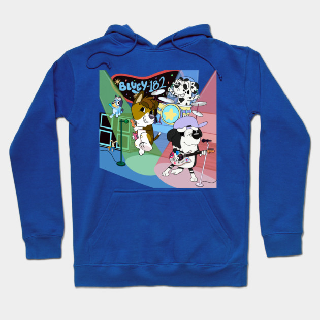 Blue hoodie with cartoon band print, featuring colorful animated characters. Ideal for casual wear and fans of playful designs.