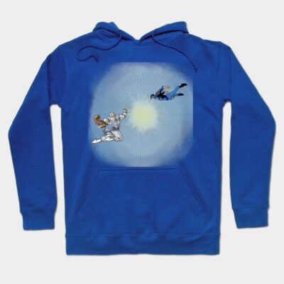 Blue graphic hoodie with dynamic superhero design, cotton material, casual style, perfect for everyday wear.