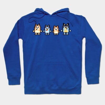 Blue hoodie with pixel art design, featuring colorful characters. Comfortable cotton material, ideal for casual wear.