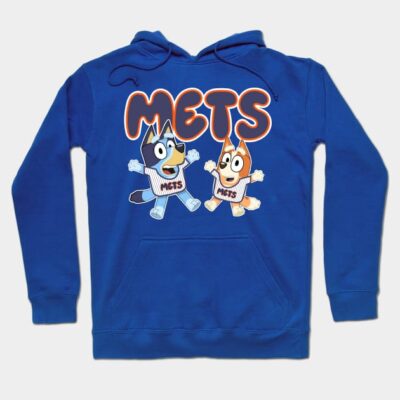 Blue hoodie with "METS" text and cartoon characters, featuring front pocket and drawstring hood, perfect for casual wear.