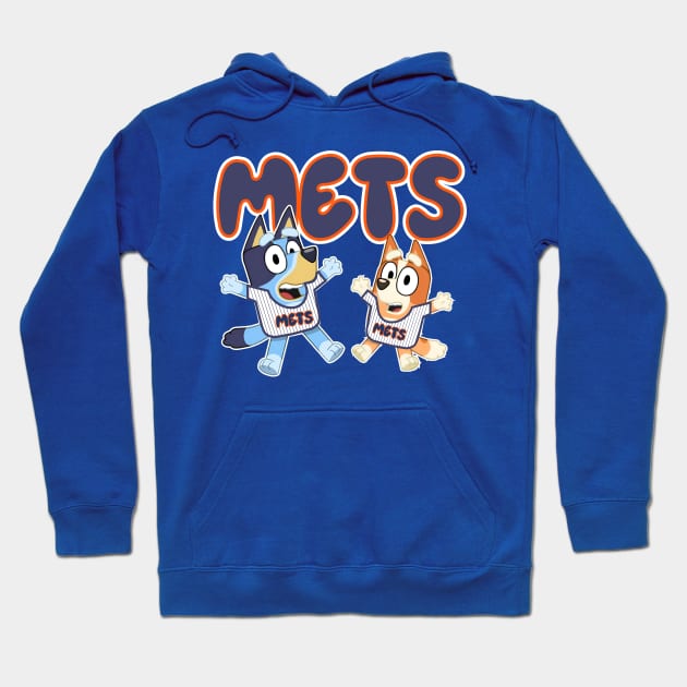 Blue hoodie with "METS" text and cartoon characters, featuring front pocket and drawstring hood, perfect for casual wear.