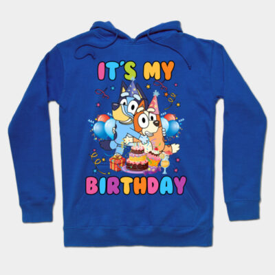 Blue birthday hoodie with colorful cartoon design, featuring balloons and cake, perfect for celebrations.