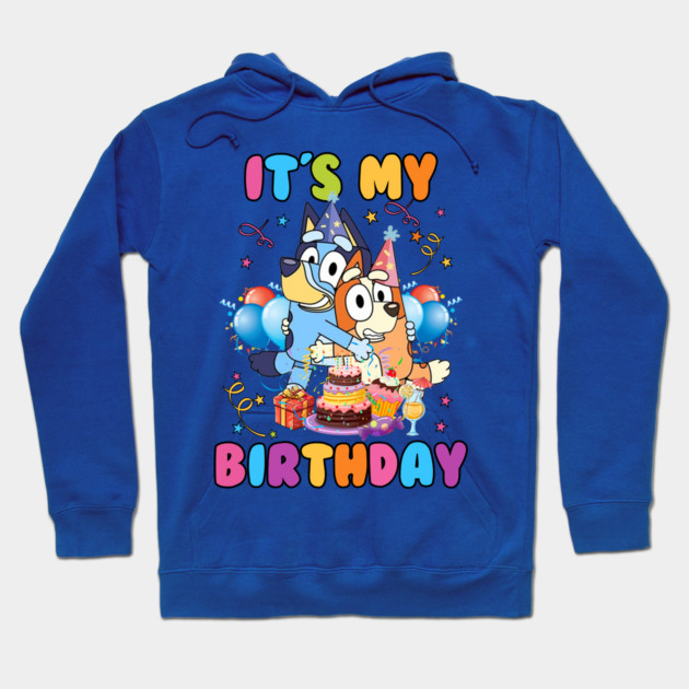 Blue birthday hoodie with colorful cartoon design, featuring balloons and cake, perfect for celebrations.
