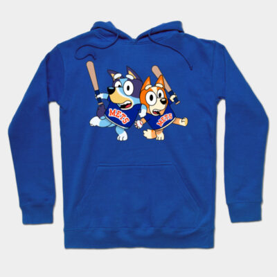 Blue hoodie with playful cartoon dog print, baseball theme, cotton material, perfect for casual wear and fans.