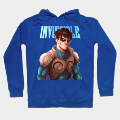 Blue graphic hoodie with "Invincible" text and character design, perfect for casual wear and comfort.