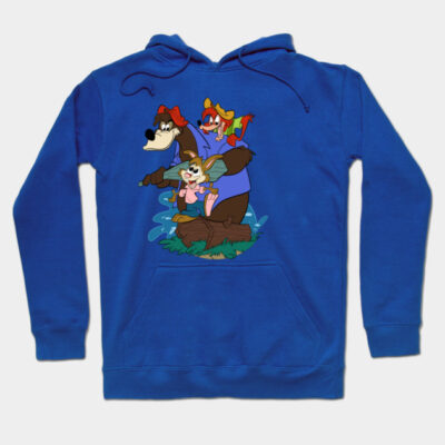 Blue cartoon graphic hoodie, unisex, cotton blend, casual wear, featuring animated characters in vibrant colors.