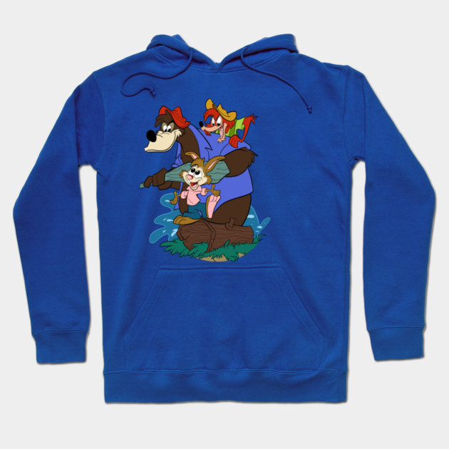 Blue cartoon graphic hoodie, unisex, cotton blend, casual wear, featuring animated characters in vibrant colors.
