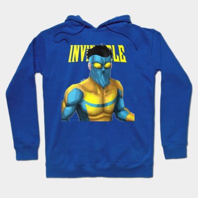 Blue hoodie with "Invincible" graphic design, featuring a colorful superhero print. Cotton blend, casual wear.