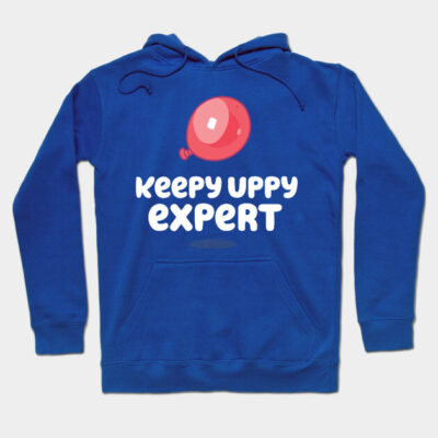 Blue hoodie with "Keepy Uppy Expert" text and red balloon graphic, casual style, suitable for everyday wear.