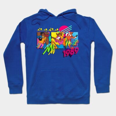 Blue retro graphic hoodie with vibrant 1989 print, casual style, cotton material, perfect for everyday wear.