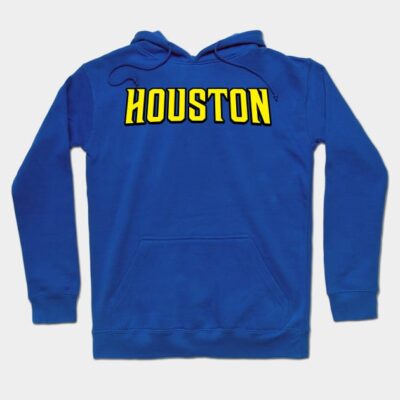 Blue "Houston" hoodie, bold yellow text, casual style, cozy cotton material, perfect for everyday wear.