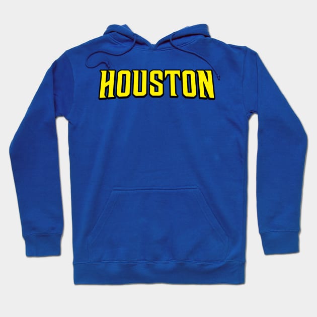 Blue "Houston" hoodie, bold yellow text, casual style, cozy cotton material, perfect for everyday wear.