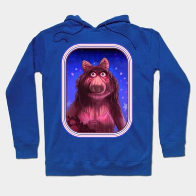 Blue hoodie with cartoon character print, featuring drawstrings and ribbed cuffs. Perfect for casual wear and comfort.
