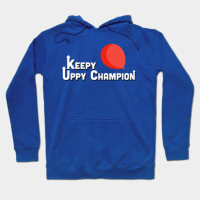 Blue hoodie with "Keepy Uppy Champion" text and red balloon graphic, casual wear, cotton material.