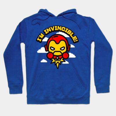 Blue hoodie with "I'm Invincible" graphic, featuring a red and yellow cartoon design. Cozy cotton blend for casual wear.