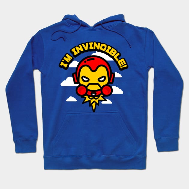 Blue hoodie with "I'm Invincible" graphic, featuring a red and yellow cartoon design. Cozy cotton blend for casual wear.