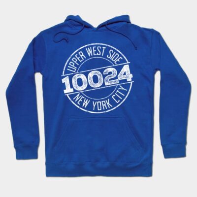 Blue hoodie with "Upper West Side 10024 New York City" graphic, casual style, comfortable cotton material.