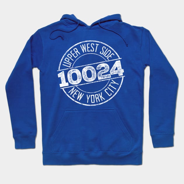 Blue hoodie with "Upper West Side 10024 New York City" graphic, casual style, comfortable cotton material.