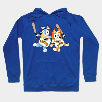 Blue hoodie with cartoon dog baseball design, featuring "Padres" text, cozy cotton material, casual style.