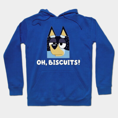 Blue hoodie with cartoon dog graphic and "Oh, Biscuits!" text, ideal for casual wear, cozy cotton material.