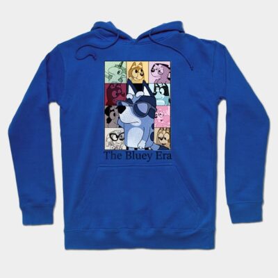 Blue hoodie with colorful graphic design, featuring cartoon dogs and text "The Bluey Era," casual and comfortable style.