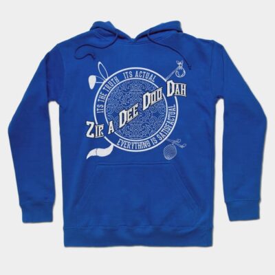 Blue hoodie with "Zip A Dee Doo Dah" text design, casual style, cotton material, front pocket, drawstring hood.