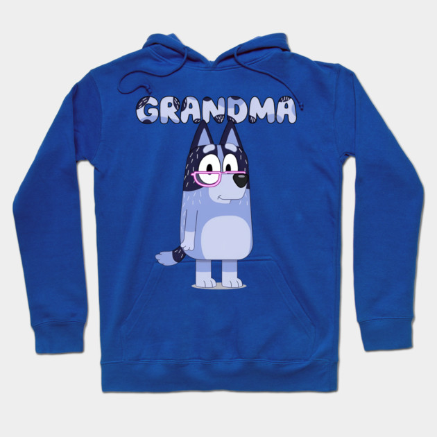 Blue hoodie with cartoon dog and "Grandma" text, cozy casual wear, cotton material, perfect for gifting.