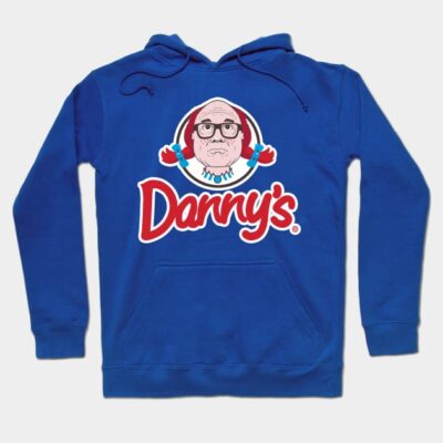 Blue graphic hoodie with cartoon logo, red text design, casual style, cozy fabric, perfect for everyday wear.