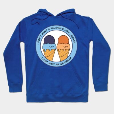 Blue hoodie with ice cream cone graphic and playful text. Casual style, perfect for everyday wear, cotton material.