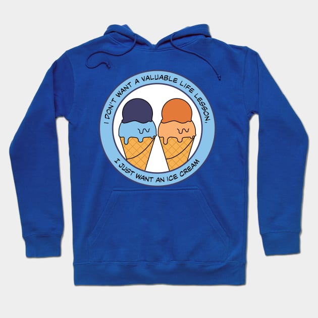 Blue hoodie with ice cream cone graphic and playful text. Casual style, perfect for everyday wear, cotton material.