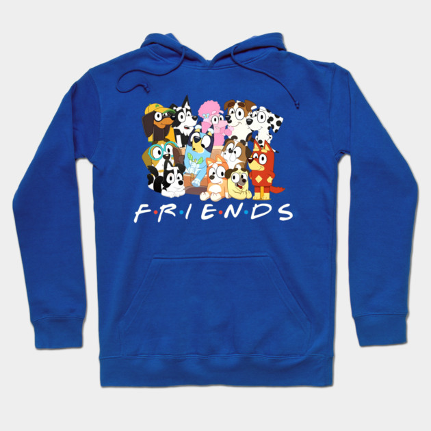 Blue hoodie with cartoon dogs and "Friends" text, casual style, soft fabric, unisex, perfect for cool weather.