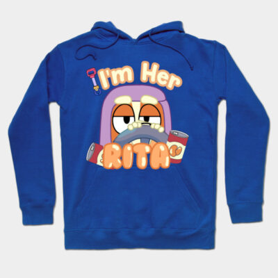 Blue hoodie with cartoon graphic and "I'm Her Rita" text, casual style, comfortable cotton blend material.