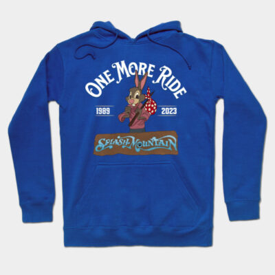 Blue hoodie with "One More Ride" graphic, featuring playful character and Splash Mountain theme, 100% cotton, unisex.