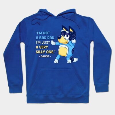 Blue hoodie with playful cartoon design and humorous text, ideal for casual wear. Comfortable cotton material.