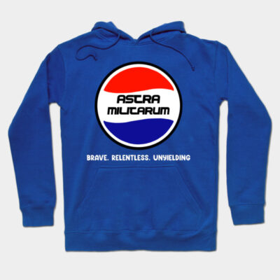Blue hoodie with "Astra Militarum" logo and slogan. Cozy cotton blend, perfect for casual wear and outdoor activities.